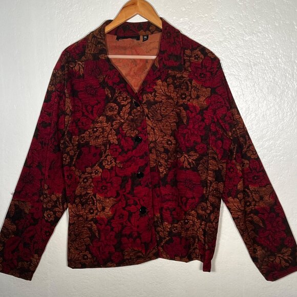 Vintage-Inspired XL Red  Brown Floral Button-Up Blazer Jacket BRIGGS NEW YORK - Picture 16 of 16